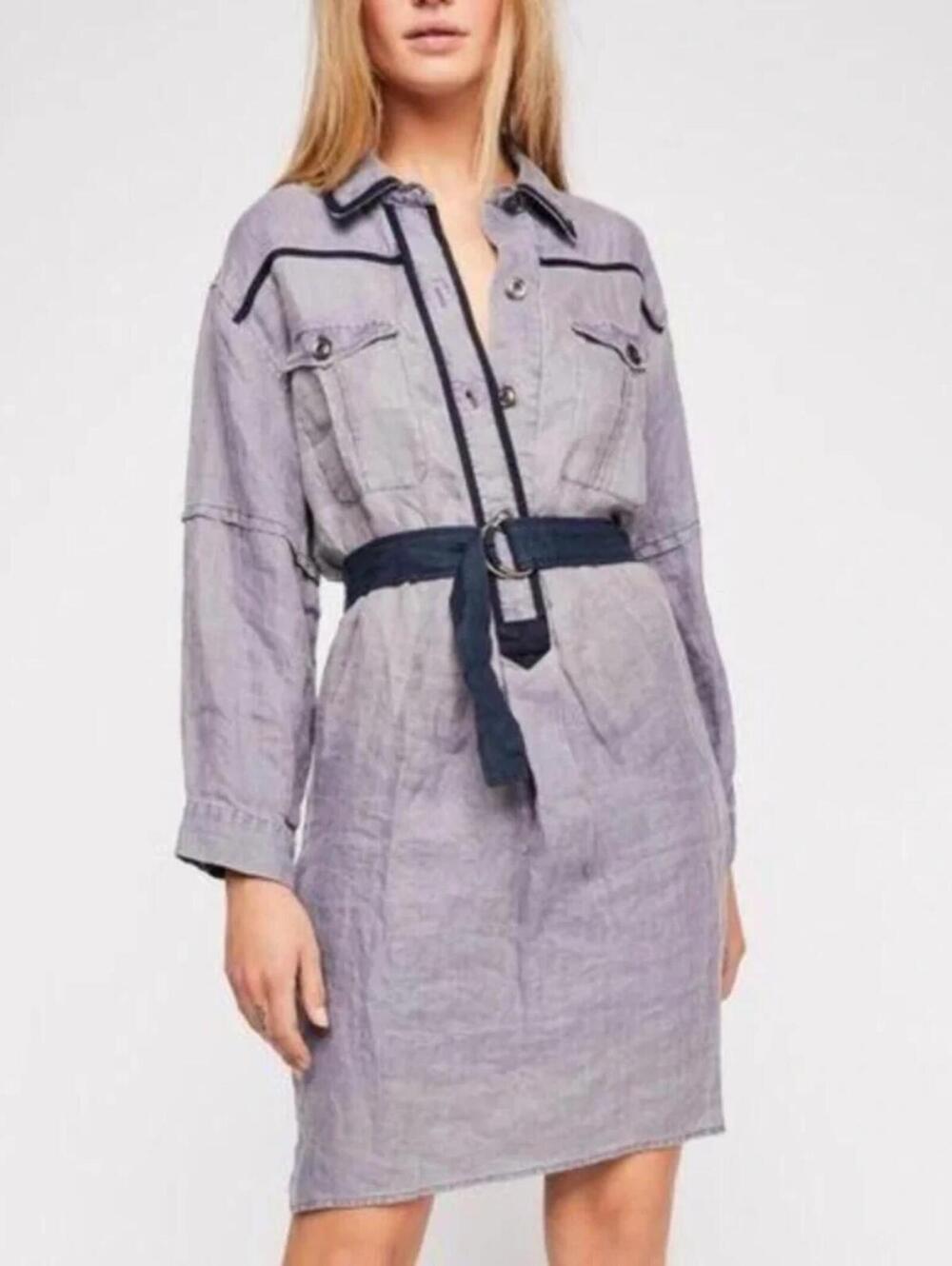Free people long journey Linen Blend shirt dress with Navy Trim - Size Small
